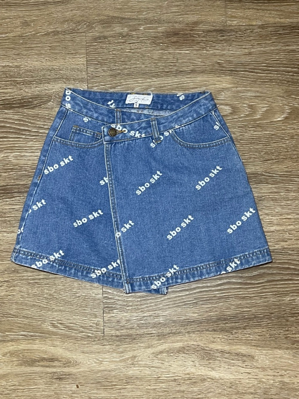 Sabo Skirt Blue Denim Mini with White Logo Print